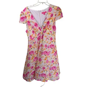 Abito corto donna Betsey Johnson mini taglia 14 floreale cappuccio manica foderato giallo - Foto 1 di 4