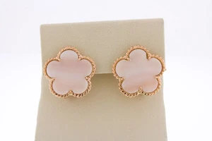 14K Rose Gold Womens Natural Pink Shell Mother of Pearl Gem Clover Stud Earrings - Picture 1 of 3