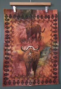 African hand printed textile wall hanging wild animals cheetah buffalo fabric