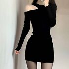 Womens Sexy Cold Shoulder Round Neck Long Sleeves Bodycon Party Dress Clubwear