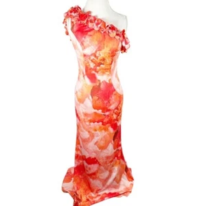 Rene Ruiz Collection One Shoulder 3D Applique Gown Fit Flare Dress Orange Size 2 - Picture 1 of 11