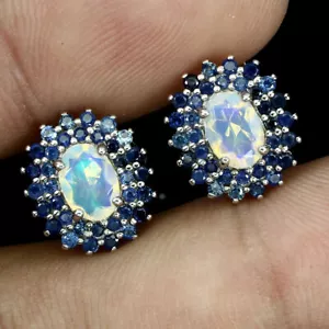 NATURAL FIRE OPAL & GENUINE BLUE SAPPHIRE SOLID STERLING SILVER 925 EARRINGS - Picture 1 of 4