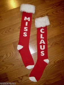 WOMENS KNEE HIGH RED MISS CLAUS CHRISTMAS SOCKS~WHITE FAUX FUR TRIM~NWT - Picture 1 of 2
