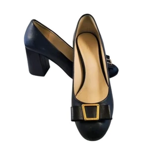 Cole Haan Black Block Heel Pumps Size 8.5B Bow Gold Buckle Dress Work Shoes - Picture 1 of 15