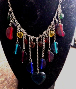 Czech Glass Necklace - Vintage Heart & Half Moon Dangles 18" - Picture 1 of 1