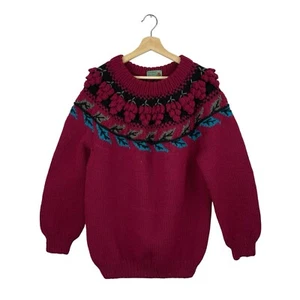 Handmade Pullover Grape Wine Red Sweater VTG 80s Nordic Fair Isle Knit Sz Large - Picture 1 of 9