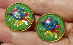 PENDIENTES CLIP FLORAL CHINO FLORAL VERDE DORADO VINTAGE ÚNICOS AÑOS 80 70 - Imagen 1 de 7