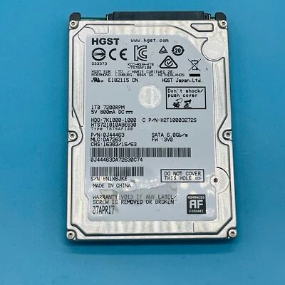 HGST 1TB 2.5" 6.0Gb/s Hard Drive MLC DA7263 P/N 0J44463 HTS721010A9E630 - Image 1 of 2