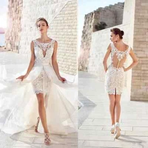 Beach Wedding Dresses Lace Applique Short Bridal Gowns Long Detachable Skirt - Picture 1 of 6