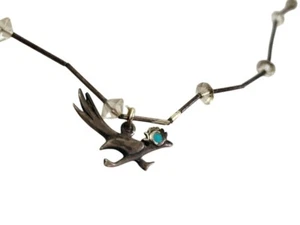Vtg 1" Roadrunner Sterling Silver Turquoise Pendant 17" Native American Necklace - Picture 1 of 5
