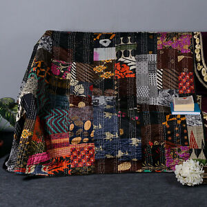 Indian Handmade Vintage Patchwork Kantha Bedspread Quilt Throw Twin Silk Blanket