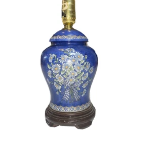 Vintage Porcelain or Ceramic Ginger Jar Lamp Mini Table Daisies Blue Flowers - Picture 1 of 9