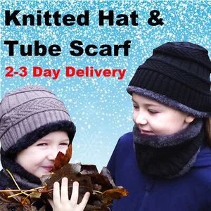 Hat Scarf Set Tube Ring Boys Girls Kids Warm Winter Furry Lining All Ages - Picture 1 of 13