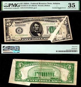 1928A 5 $ FRN Atlanta PMG 35 - Gutter Fold Error - Gold on Demand - Collectors Gem - Bild 1 von 3