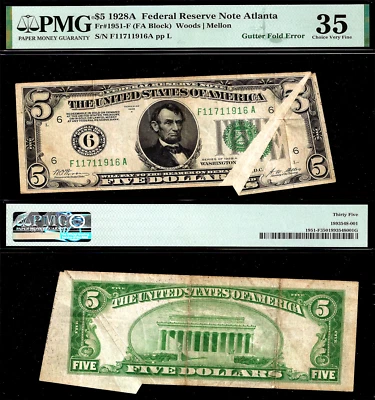 1928A $5 FRN Atlanta PMG 35 - Gutter Fold Error - Gold on Demand- Collectors Gem - Image 1 of 3