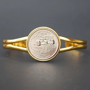 US 2002 Indiana State Quarter Coin Gold Plated Cuff Bracelet - Beautiful - Picture 1 of 4