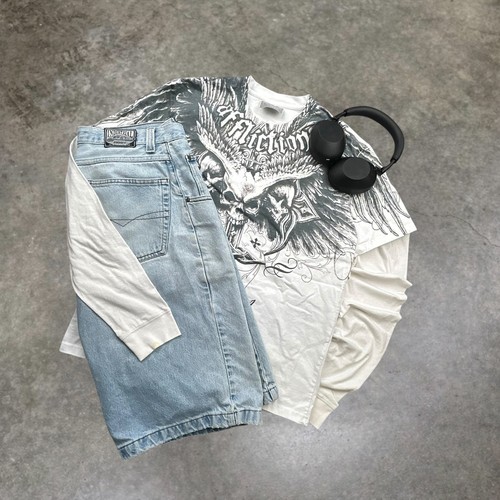 Affliction Style Graphic Tee White Skulls Wings Cross Y2K Grunge Mens ...