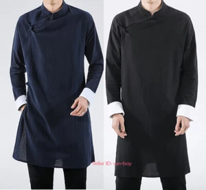 Mens Chinese Cotton Tang Suit Long Coat Kung Fu Tai Chi Wing Chun Uniform Tops - Picture 1 of 16