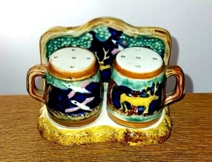 Vintage Salt & Pepper Stein Set With Stand Country Images Japan - Picture 1 of 5