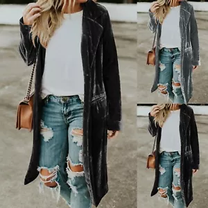 Women Casual Lapel Outwear Velvet Duster Cardigan Draped Open Front Trench Coat - Bild 1 von 12