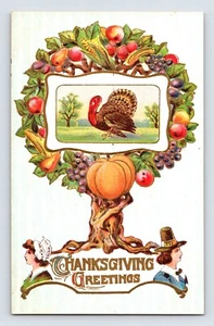 Postal Peregrino de Acción de Gracias Pavo Calabaza Árbol Frutal Años 1910 Sin Publicar Dividido - Imagen 1 de 2