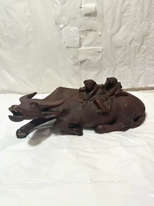 Vtg Antique CARVED WOODEN WATER BUFFALO Cow Bull w Two Children on Its Back - Picture 1 of 6