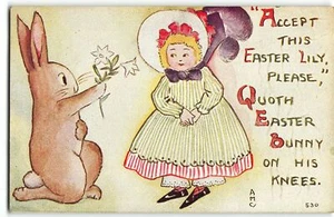 Hase auf gebeugtem Knie Opfer Mädchen Osterlilie - um 1910 Postkarte von FA Owens, AMC - Bild 1 von 2