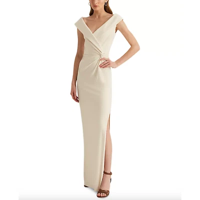 Lauren Ralph Lauren Jersey Off The Shoulder Column Gown Cream Slit Size 6 $285 - Image 1 of 4