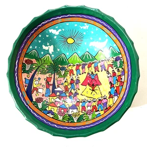 Mexican Folk Art Large Pottery Bowl Terracotta Footed Handpainted Village People - Picture 1 of 8