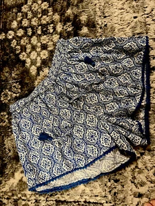 Matilda Jane High Waisted Shorts Pom Pom Hem Tassel Waist Blue White Pull on S - Picture 1 of 6