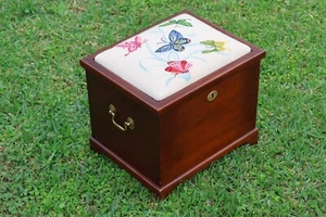 Solid Wood Storage Bench with Butterfly Needlepoint Top | 16x13 Box/Brass Handle - Picture 1 of 5