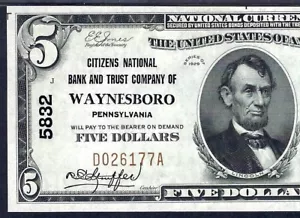 🇺🇸 PA 1929 $5 ♚♚WAYNESBORO, PENNSYLVANIA♚♚ PMG CH UNC 64 - Picture 1 of 3
