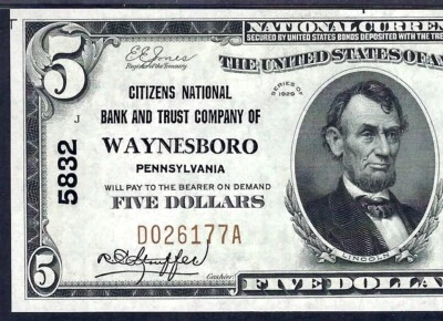 🇺🇸 PA 1929  $5   ♚♚WAYNESBORO, PENNSYLVANIA♚♚ PMG CH UNC 64  - Image 1 of 3