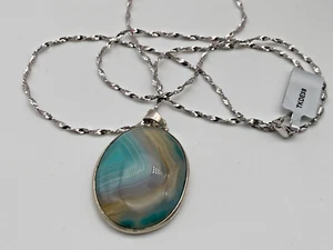 Sterling Silver 925 Necklace Pendant Striped Agate 64cm long chain 17.99g - Picture 1 of 7