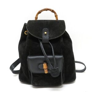 GUCCI Old Gucci Bamboo Backpack Mini Suede Leather Black