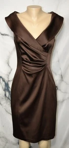 KAY UNGER Brown Sleeveless Shawl Collar Sheath Cocktail Dress 8 Ruching at Waist - Picture 1 of 8