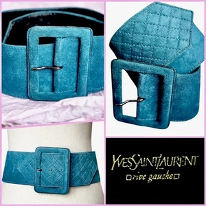 Vtg 80s Yves Saint Laurent Rive Gauche Suede Belt Women 78 cm 29”- 31” Teal Blue - Picture 1 of 22