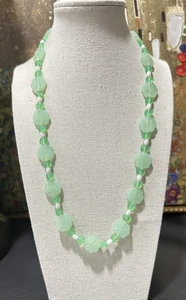 Vintage Carved Glass Bead Necklace Green Flower Discs White Accents 21-22" - Picture 1 of 8