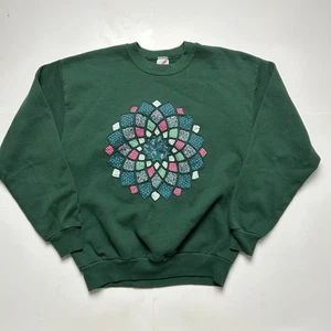 Vintage Christmas Quilt Square Crewneck Sweater Red Grandma Holiday Sz L - Picture 1 of 5