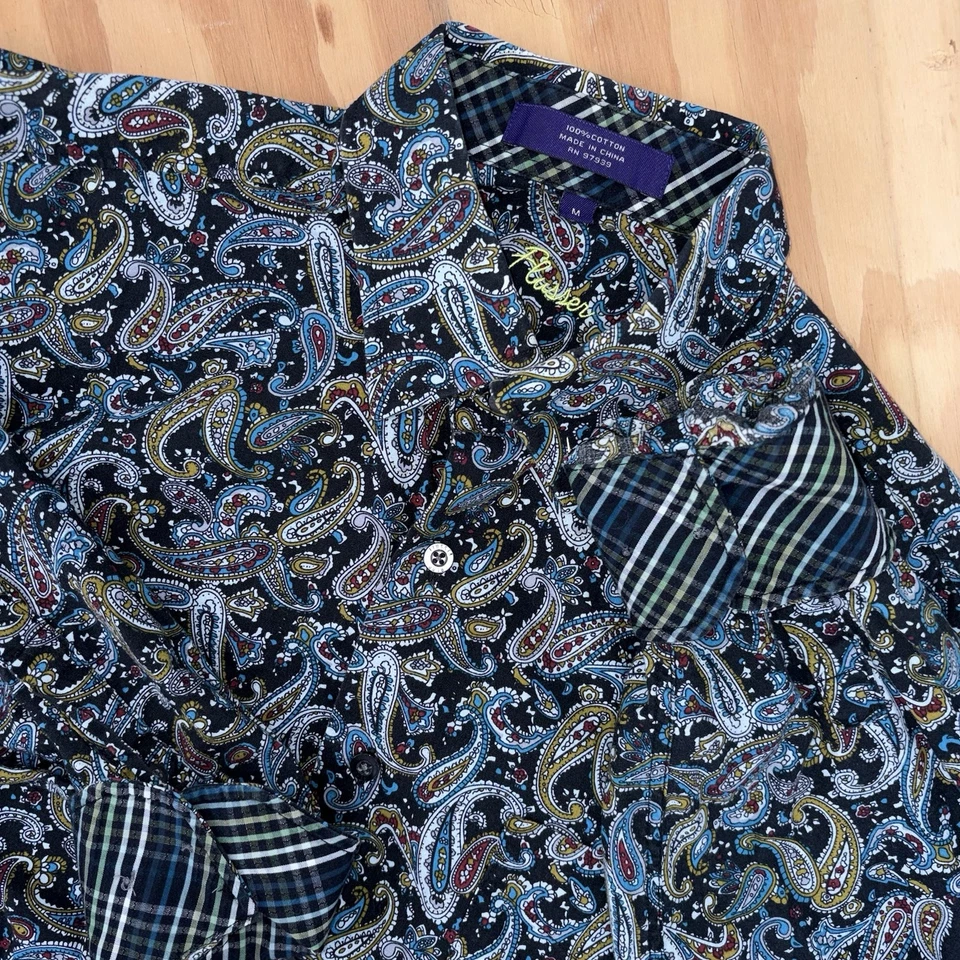 Alan River Para Hombres Mediano Paisley Boho Bohemio Negro Abotonado Cuadros Puño Abatible Foto 1 de 4