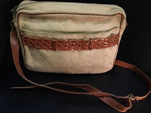 Vintage Cristian Braided Leather Shoulder Bag Canvas Brown Tan Boho Chic Italy - Foto 1 di 9