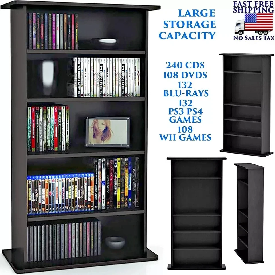 ORGANIZADOR DE GABINETE DE ALMACENAMIENTO MULTIMEDIA DE 5 ESTANTES TORRE DE PELÍCULAS SOPORTE CD DVD AJUSTABLE Foto 1 de 4