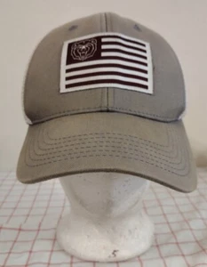 Grizzly Bear Growling On Flag Trucker Cap Hat Beige Snapback Mesh Embroidery - Picture 1 of 7