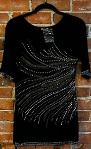 Boston Proper XS Stretch Tunika Top - Schwarz Gold Pailletten Strass Bluse - Bild 1 von 7