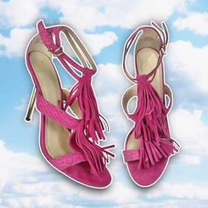 Brian Atwood Suede Fringe Luciana Heels Fuchsia Pink Reptile Boho Western Sexy - Picture 1 of 11