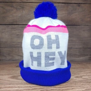 American Eagle Outfitters "Oh Hey" Bommel Winter Beanie Mütze blau weiß rosa - Bild 1 von 9