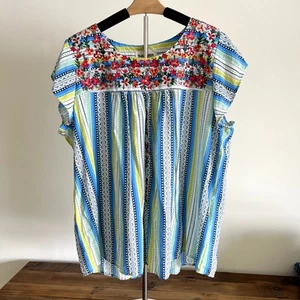 SAVANNA JANE Blue Green Pattern Striped Floral Embroidered Top Womens 2X - Picture 1 of 6
