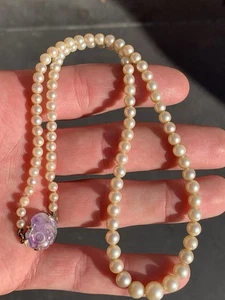 14ct Gold Carved Amethyst Clasped Cultured Pearl Necklace, Victorian Heavy 17.8g - Picture 1 of 8