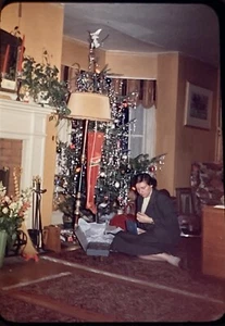 Original Vintage Photo Slide Lonely Woman Opens Christmas Gifts Alone Fashion - Picture 1 of 1