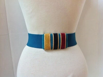 Cinturón elástico vintage dorado turquesa borgoña gamuza hebilla Foto 1 de 3